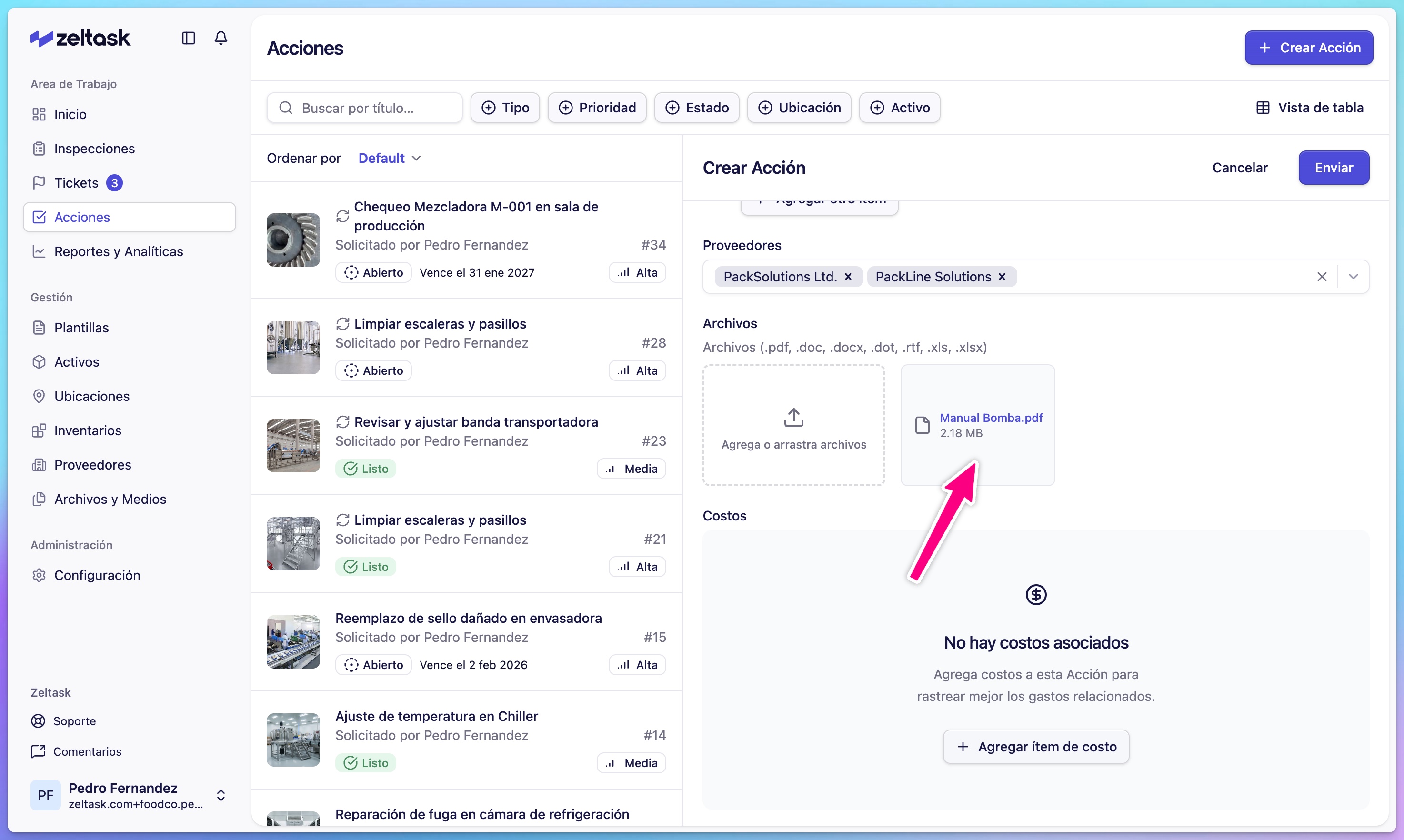 Attachments section with uploaded PDF